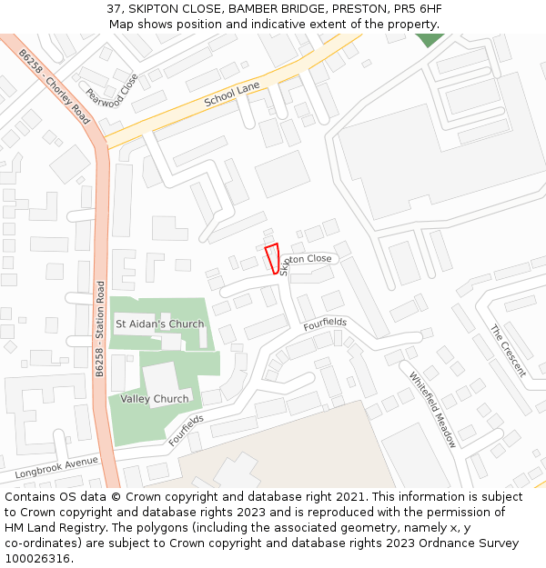 37, SKIPTON CLOSE, BAMBER BRIDGE, PRESTON, PR5 6HF: Location map and indicative extent of plot