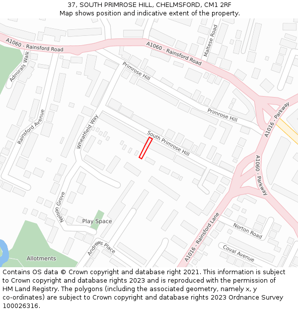 37, SOUTH PRIMROSE HILL, CHELMSFORD, CM1 2RF: Location map and indicative extent of plot