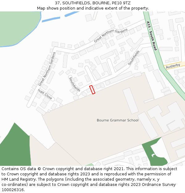 37, SOUTHFIELDS, BOURNE, PE10 9TZ: Location map and indicative extent of plot