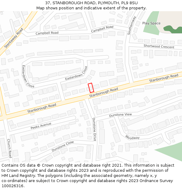 37, STANBOROUGH ROAD, PLYMOUTH, PL9 8SU: Location map and indicative extent of plot