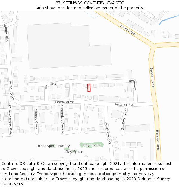 37, STEINWAY, COVENTRY, CV4 9ZG: Location map and indicative extent of plot
