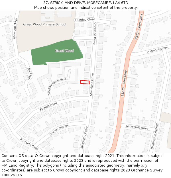 37, STRICKLAND DRIVE, MORECAMBE, LA4 6TD: Location map and indicative extent of plot