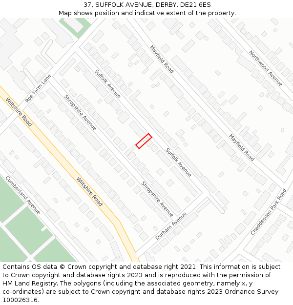 37, SUFFOLK AVENUE, DERBY, DE21 6ES: Location map and indicative extent of plot