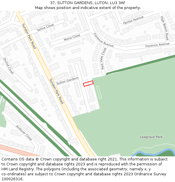 37, SUTTON GARDENS, LUTON, LU3 3AF: Location map and indicative extent of plot
