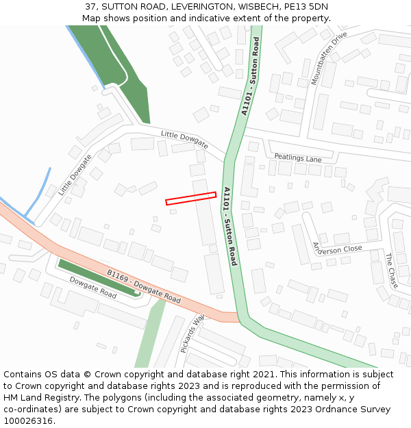 37, SUTTON ROAD, LEVERINGTON, WISBECH, PE13 5DN: Location map and indicative extent of plot