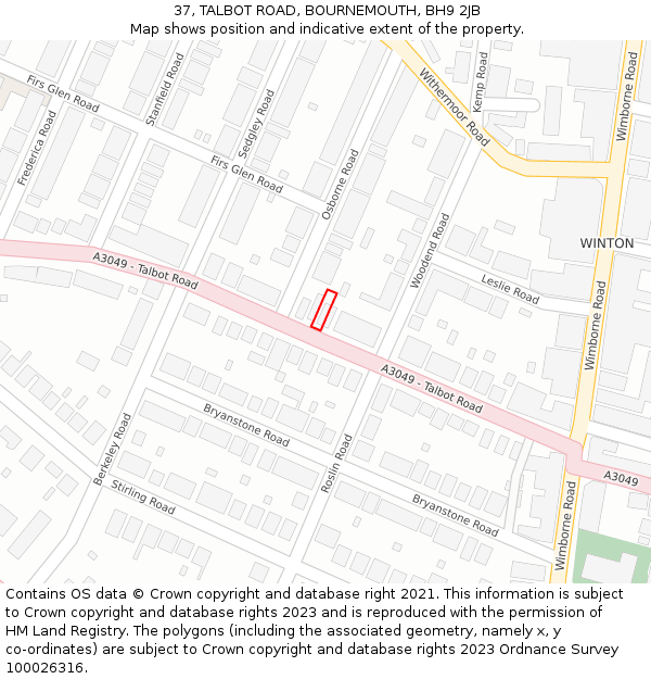 37, TALBOT ROAD, BOURNEMOUTH, BH9 2JB: Location map and indicative extent of plot