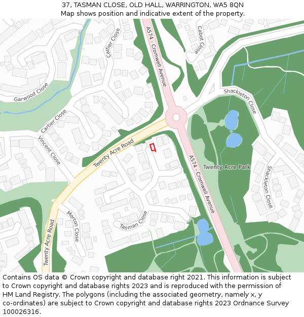 37, TASMAN CLOSE, OLD HALL, WARRINGTON, WA5 8QN: Location map and indicative extent of plot