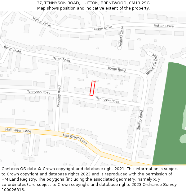 37, TENNYSON ROAD, HUTTON, BRENTWOOD, CM13 2SG: Location map and indicative extent of plot