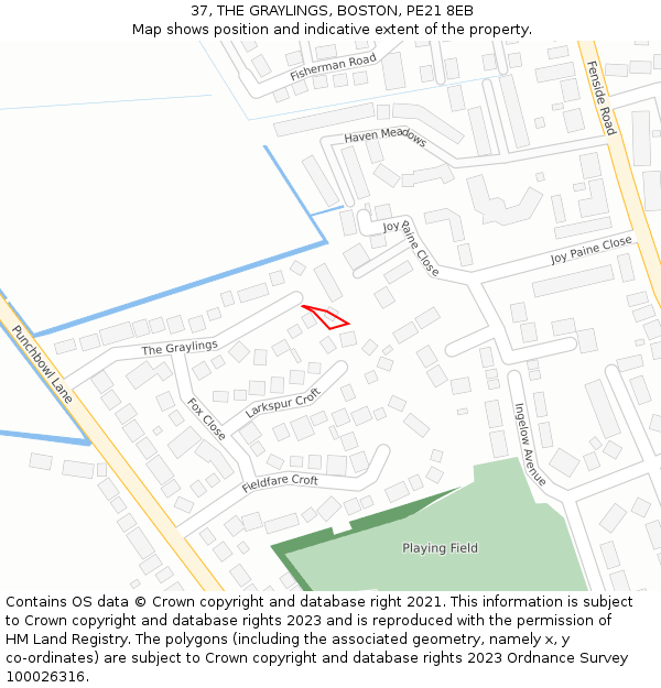37, THE GRAYLINGS, BOSTON, PE21 8EB: Location map and indicative extent of plot