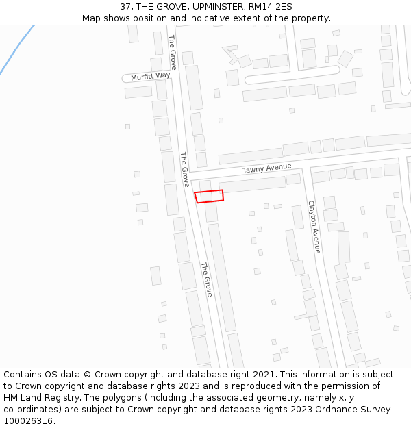 37, THE GROVE, UPMINSTER, RM14 2ES: Location map and indicative extent of plot
