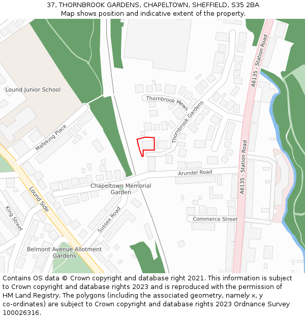 37, THORNBROOK GARDENS, CHAPELTOWN, SHEFFIELD, S35 2BA: Location map and indicative extent of plot