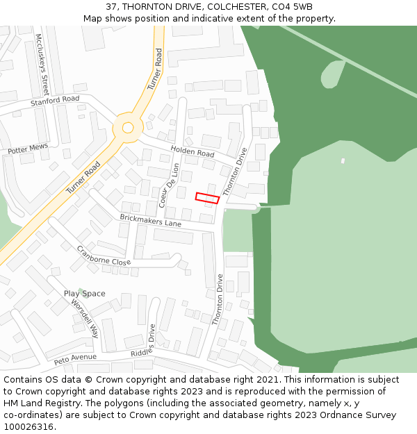 37, THORNTON DRIVE, COLCHESTER, CO4 5WB: Location map and indicative extent of plot