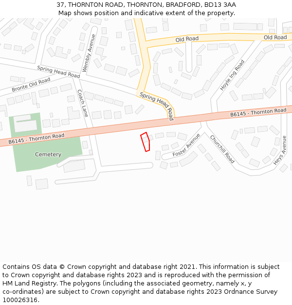 37, THORNTON ROAD, THORNTON, BRADFORD, BD13 3AA: Location map and indicative extent of plot