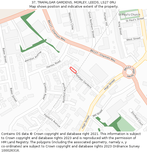 37, TRAFALGAR GARDENS, MORLEY, LEEDS, LS27 0RU: Location map and indicative extent of plot