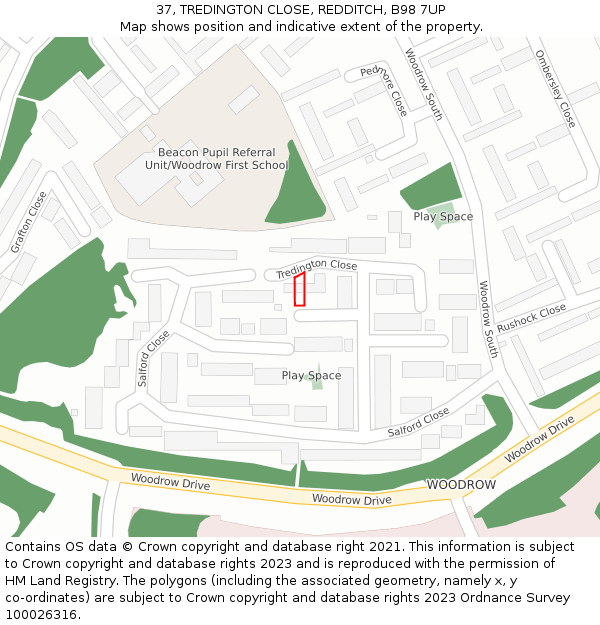 37, TREDINGTON CLOSE, REDDITCH, B98 7UP: Location map and indicative extent of plot