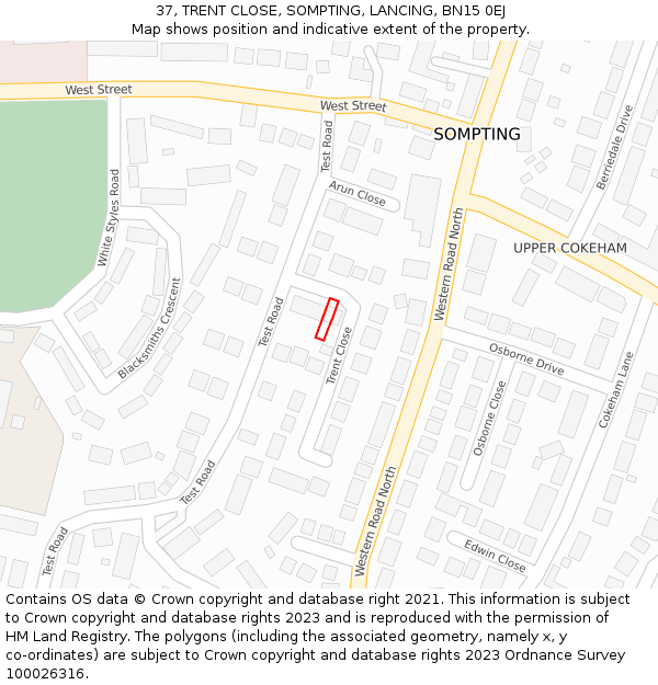 37, TRENT CLOSE, SOMPTING, LANCING, BN15 0EJ: Location map and indicative extent of plot