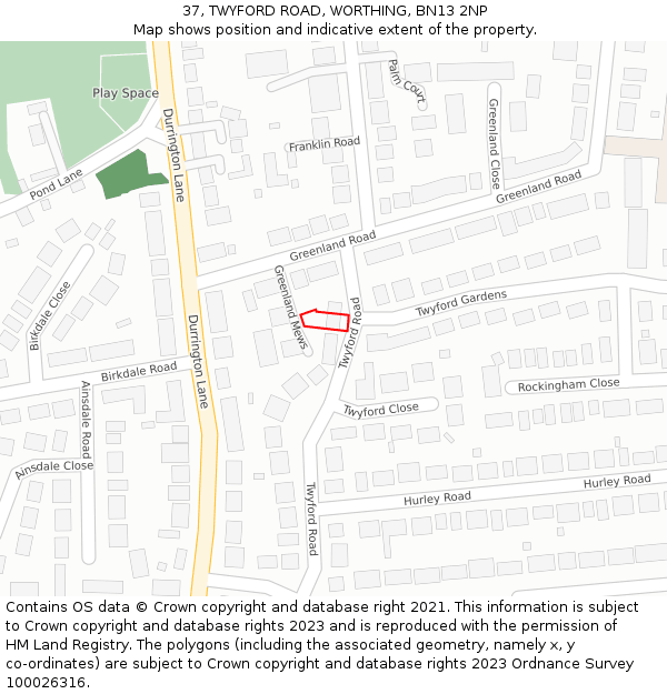 37, TWYFORD ROAD, WORTHING, BN13 2NP: Location map and indicative extent of plot