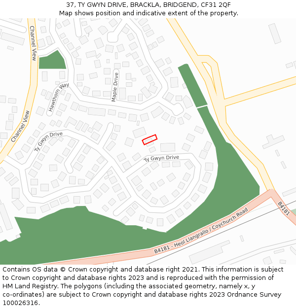 37, TY GWYN DRIVE, BRACKLA, BRIDGEND, CF31 2QF: Location map and indicative extent of plot