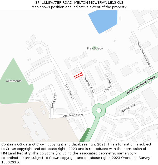 37, ULLSWATER ROAD, MELTON MOWBRAY, LE13 0LS: Location map and indicative extent of plot