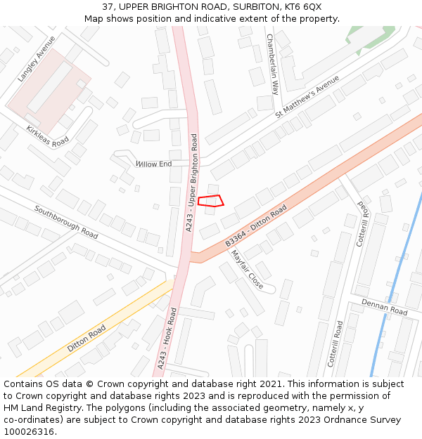 37, UPPER BRIGHTON ROAD, SURBITON, KT6 6QX: Location map and indicative extent of plot