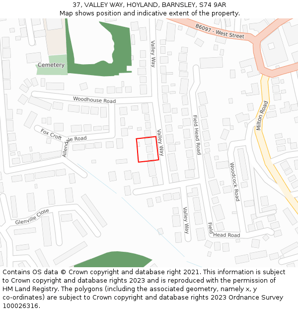 37, VALLEY WAY, HOYLAND, BARNSLEY, S74 9AR: Location map and indicative extent of plot