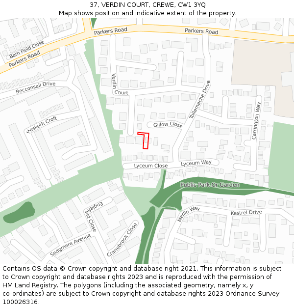 37, VERDIN COURT, CREWE, CW1 3YQ: Location map and indicative extent of plot