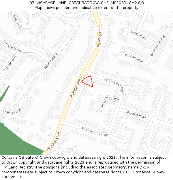 37, VICARAGE LANE, GREAT BADDOW, CHELMSFORD, CM2 8JB: Location map and indicative extent of plot