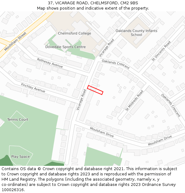 37, VICARAGE ROAD, CHELMSFORD, CM2 9BS: Location map and indicative extent of plot