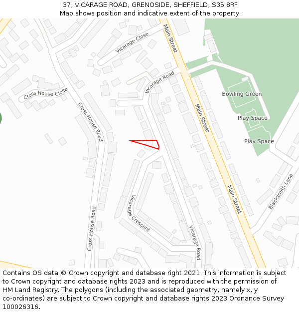 37, VICARAGE ROAD, GRENOSIDE, SHEFFIELD, S35 8RF: Location map and indicative extent of plot