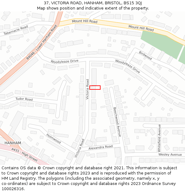 37, VICTORIA ROAD, HANHAM, BRISTOL, BS15 3QJ: Location map and indicative extent of plot