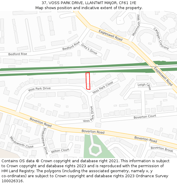 37, VOSS PARK DRIVE, LLANTWIT MAJOR, CF61 1YE: Location map and indicative extent of plot