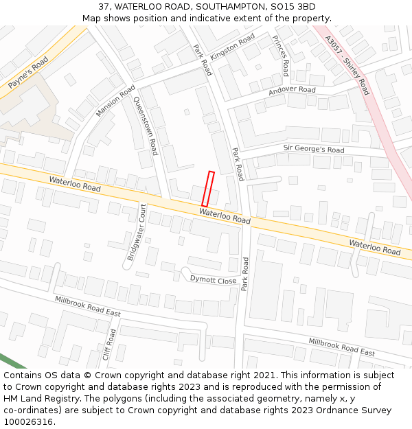 37, WATERLOO ROAD, SOUTHAMPTON, SO15 3BD: Location map and indicative extent of plot
