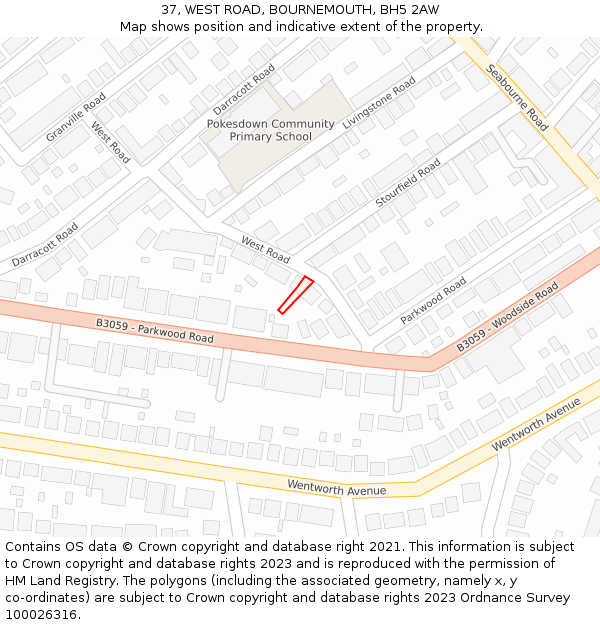 37, WEST ROAD, BOURNEMOUTH, BH5 2AW: Location map and indicative extent of plot