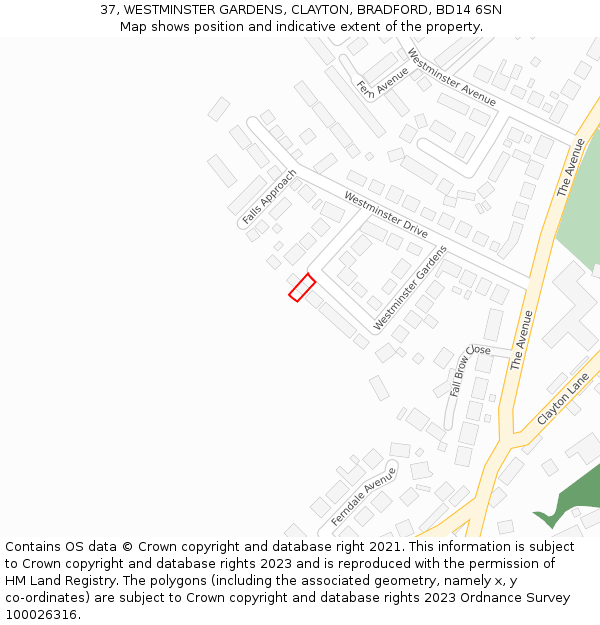 37, WESTMINSTER GARDENS, CLAYTON, BRADFORD, BD14 6SN: Location map and indicative extent of plot