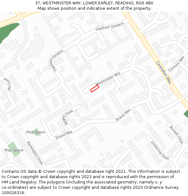37, WESTMINSTER WAY, LOWER EARLEY, READING, RG6 4BX: Location map and indicative extent of plot