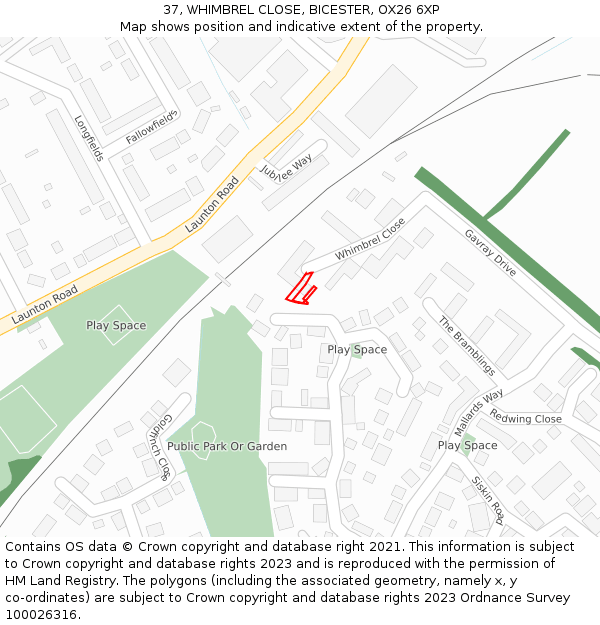 37, WHIMBREL CLOSE, BICESTER, OX26 6XP: Location map and indicative extent of plot