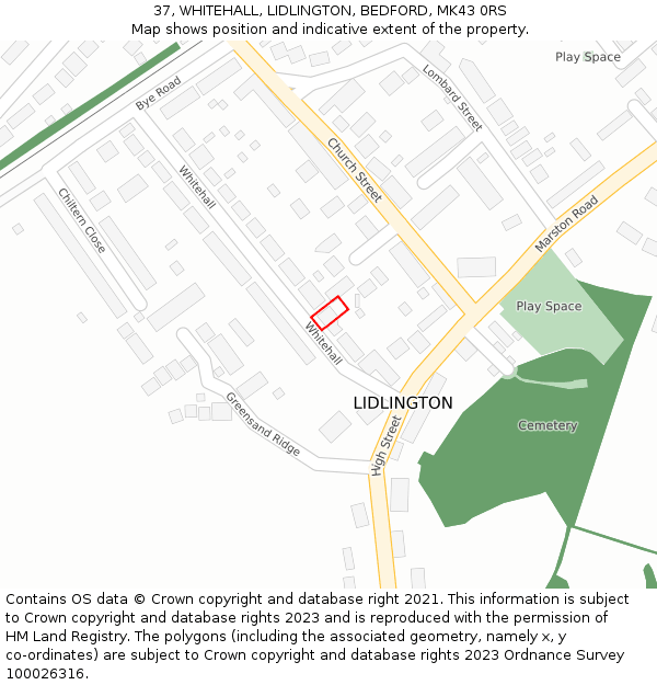 37, WHITEHALL, LIDLINGTON, BEDFORD, MK43 0RS: Location map and indicative extent of plot