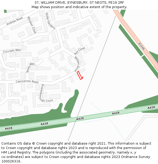 37, WILLIAM DRIVE, EYNESBURY, ST NEOTS, PE19 2RF: Location map and indicative extent of plot