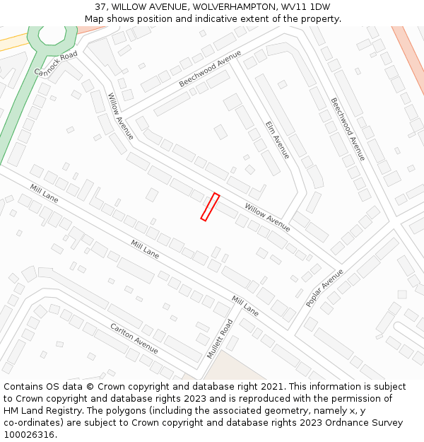 37, WILLOW AVENUE, WOLVERHAMPTON, WV11 1DW: Location map and indicative extent of plot