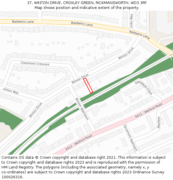 37, WINTON DRIVE, CROXLEY GREEN, RICKMANSWORTH, WD3 3RF: Location map and indicative extent of plot