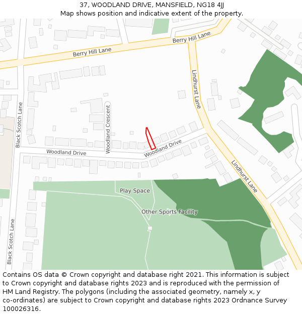 37, WOODLAND DRIVE, MANSFIELD, NG18 4JJ: Location map and indicative extent of plot