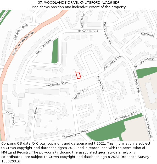 37, WOODLANDS DRIVE, KNUTSFORD, WA16 8DF: Location map and indicative extent of plot