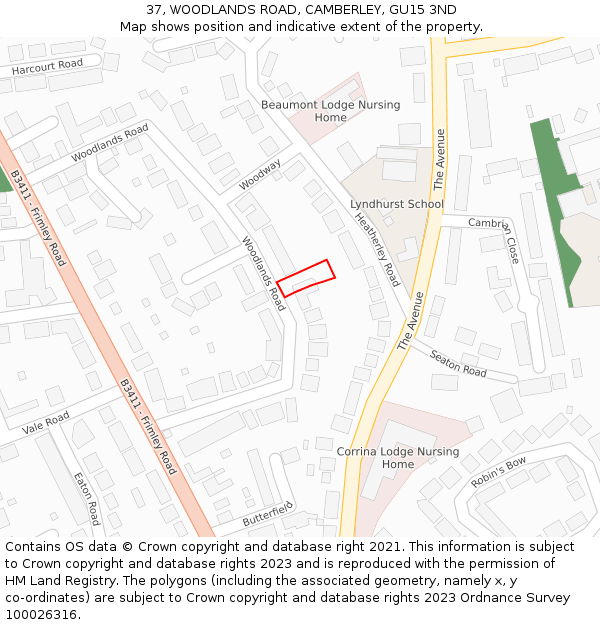 37, WOODLANDS ROAD, CAMBERLEY, GU15 3ND: Location map and indicative extent of plot