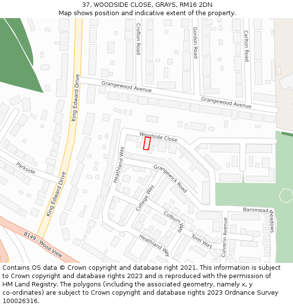 37, WOODSIDE CLOSE, GRAYS, RM16 2DN: Location map and indicative extent of plot