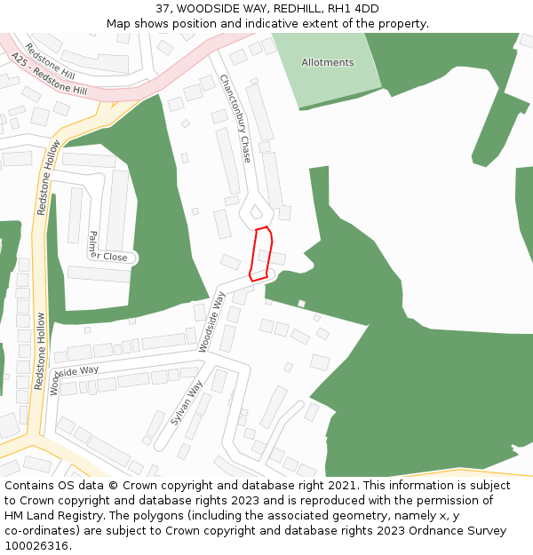 37, WOODSIDE WAY, REDHILL, RH1 4DD: Location map and indicative extent of plot