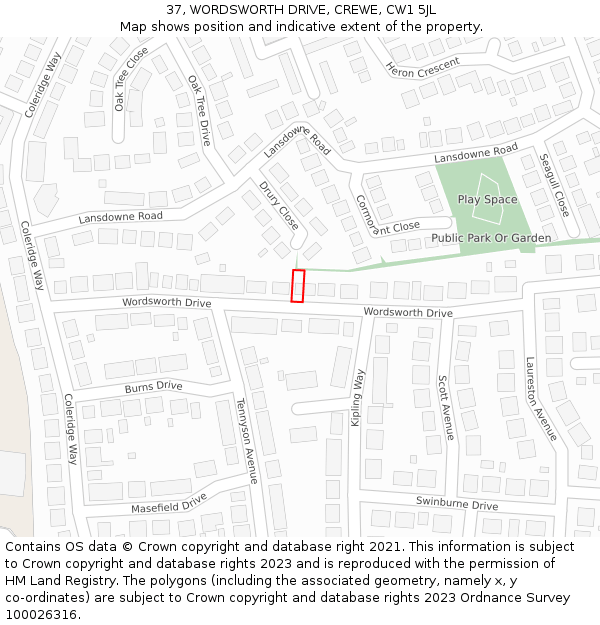37, WORDSWORTH DRIVE, CREWE, CW1 5JL: Location map and indicative extent of plot