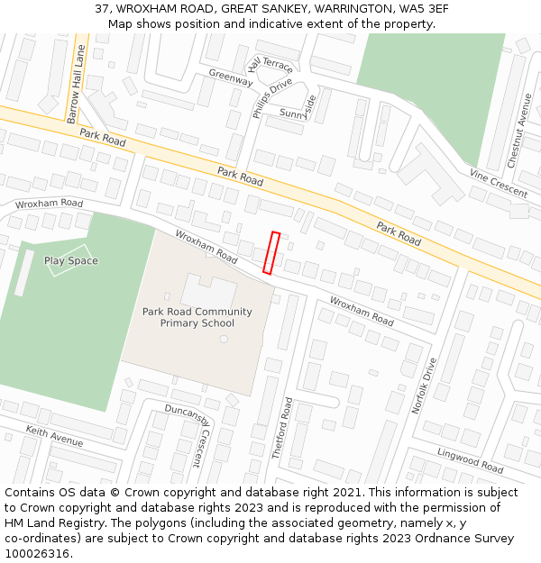 37, WROXHAM ROAD, GREAT SANKEY, WARRINGTON, WA5 3EF: Location map and indicative extent of plot