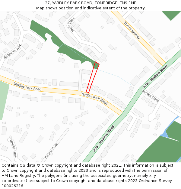 37, YARDLEY PARK ROAD, TONBRIDGE, TN9 1NB: Location map and indicative extent of plot
