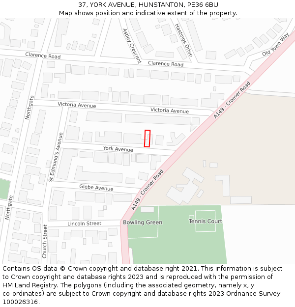 37, YORK AVENUE, HUNSTANTON, PE36 6BU: Location map and indicative extent of plot