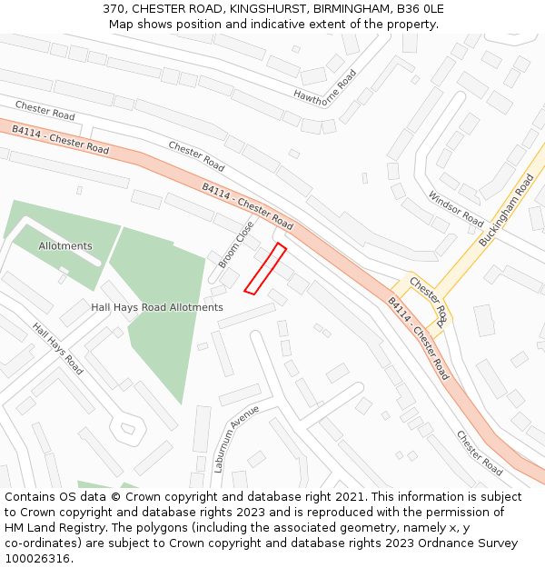 370, CHESTER ROAD, KINGSHURST, BIRMINGHAM, B36 0LE: Location map and indicative extent of plot